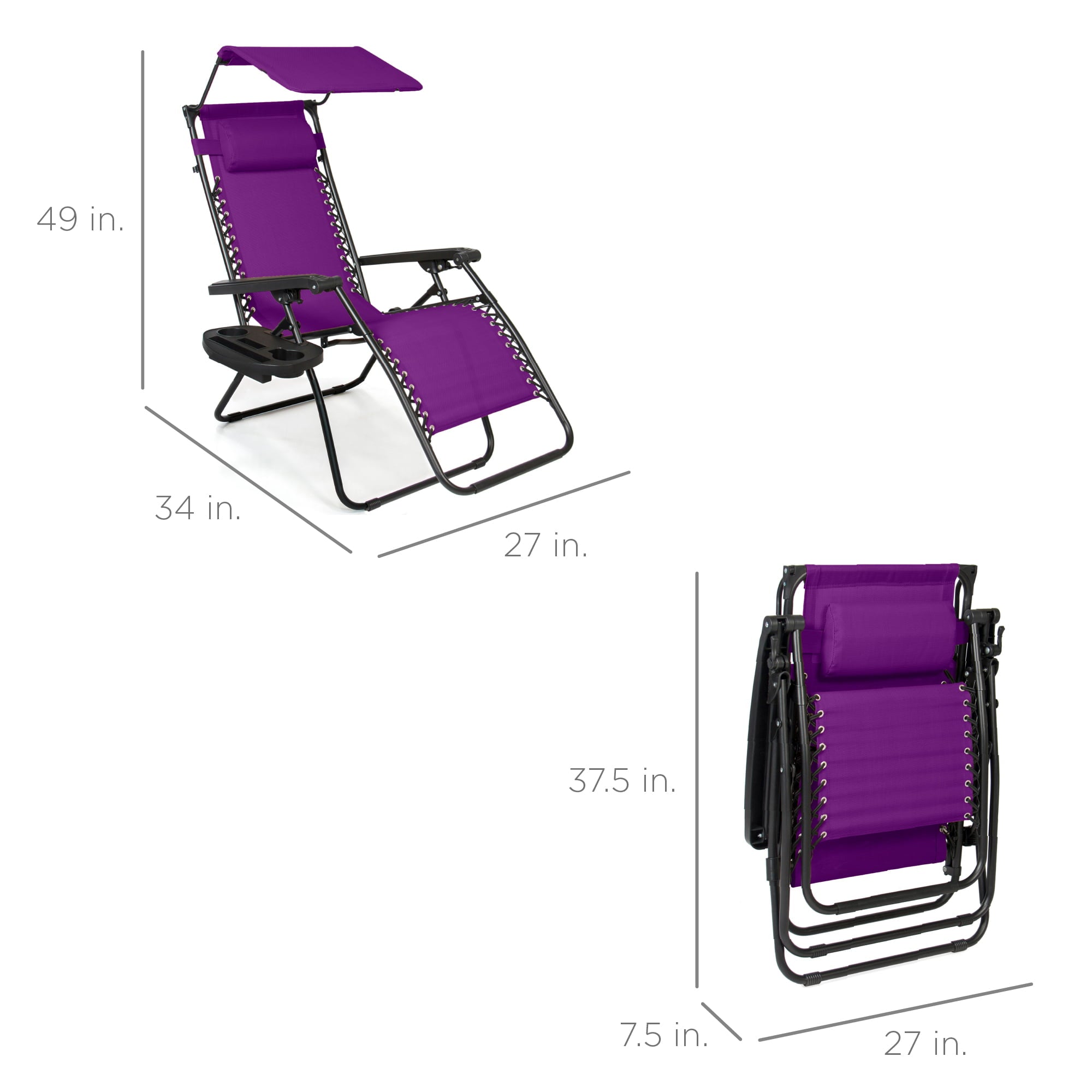 Best Choice Products Folding Zero Gravity Recliner Patio Lounge Chair w/ Canopy Shade, Headrest, Tray - Amethyst Purple