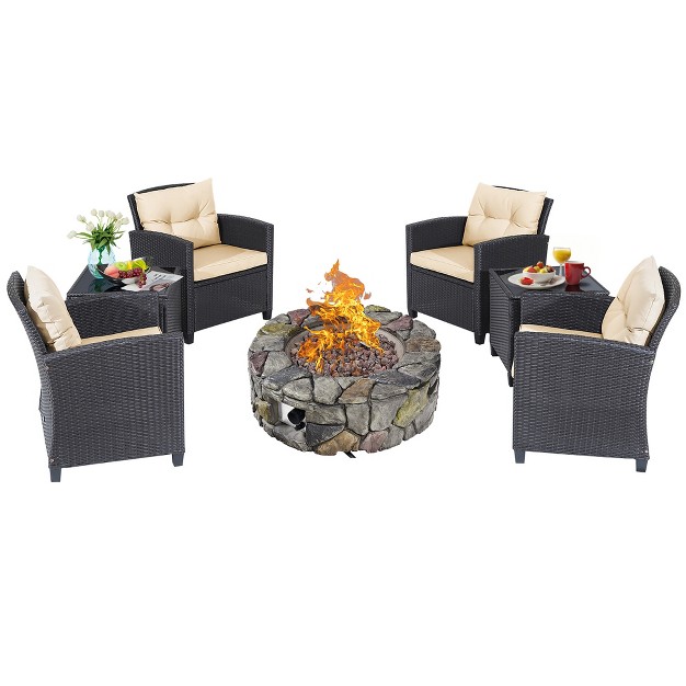 Costway 7pcs Patio Wicker Furniture Set Gas Fire Pit Sofa Side Table Cushioned