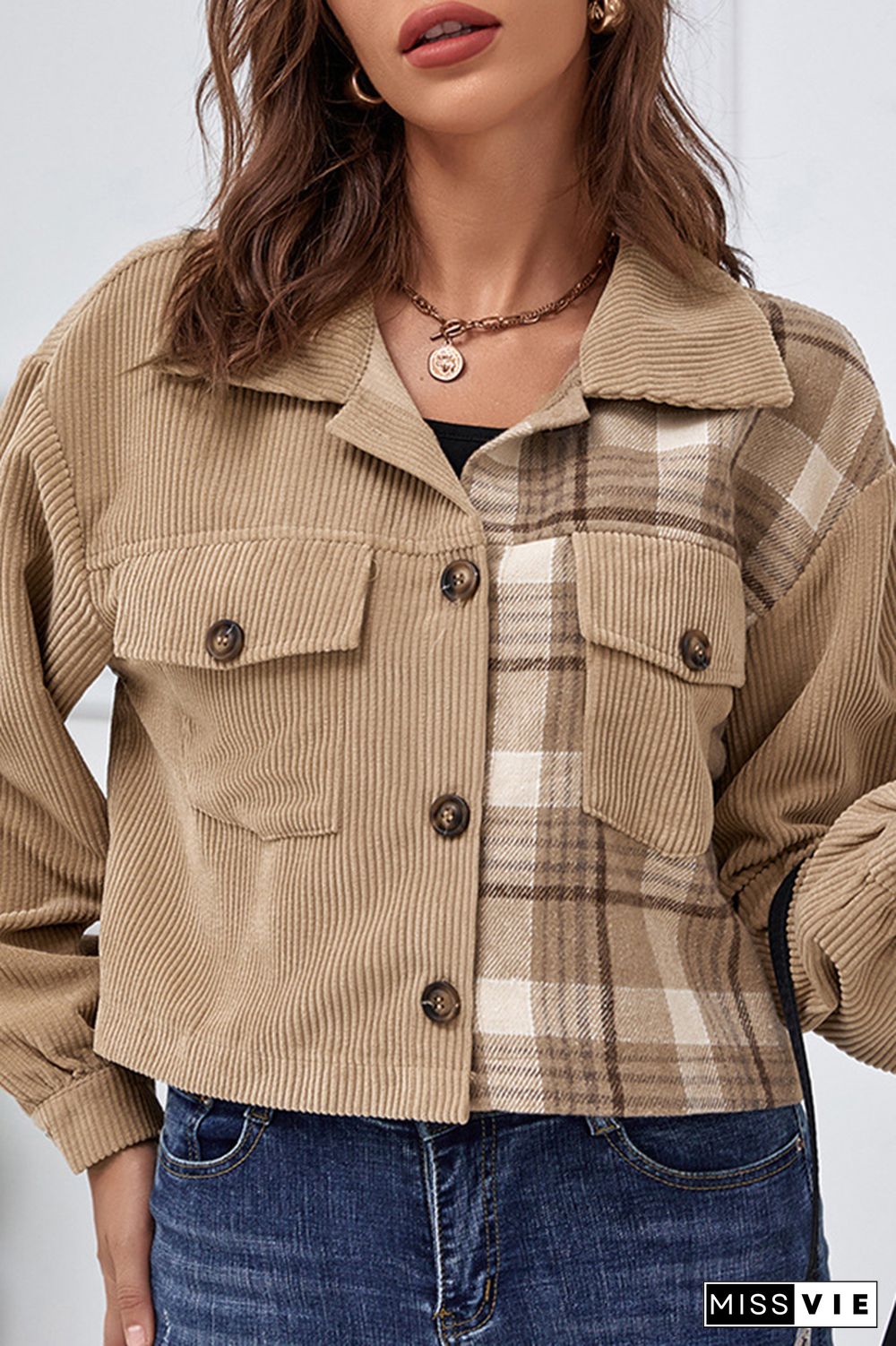 Plaid Corduroy Splicing Buttons Up Pocketed Shacket Crop Jacket Women Wholesale