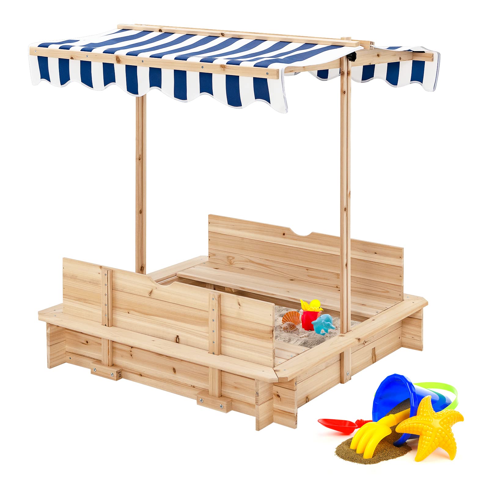 Costzon Kids Wooden Sandbox with Convertible Canopy, 2 Bench Seats w/Backrest, Children Outdoor Playset