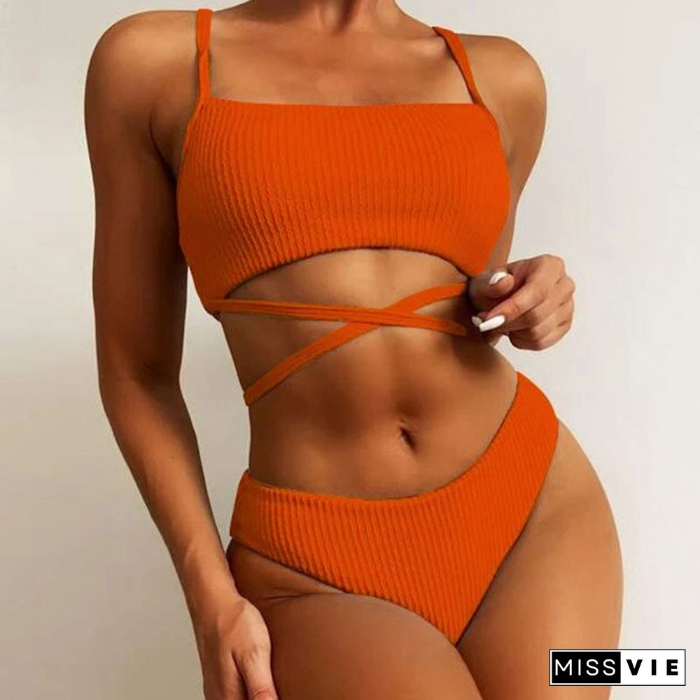 Sexy Bandage Cross Tie-up High Waist Swimwear Women Solid Rib Spaghetti Straps Bikini Set Fashion Backless Push Up Beachwear Set