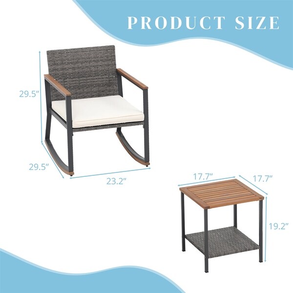 3 Pieces Rocking Wicker Bistro Set，Patio Outdoor Furniture Conversation Sets with Porch Chairs and Glass Coffee Table