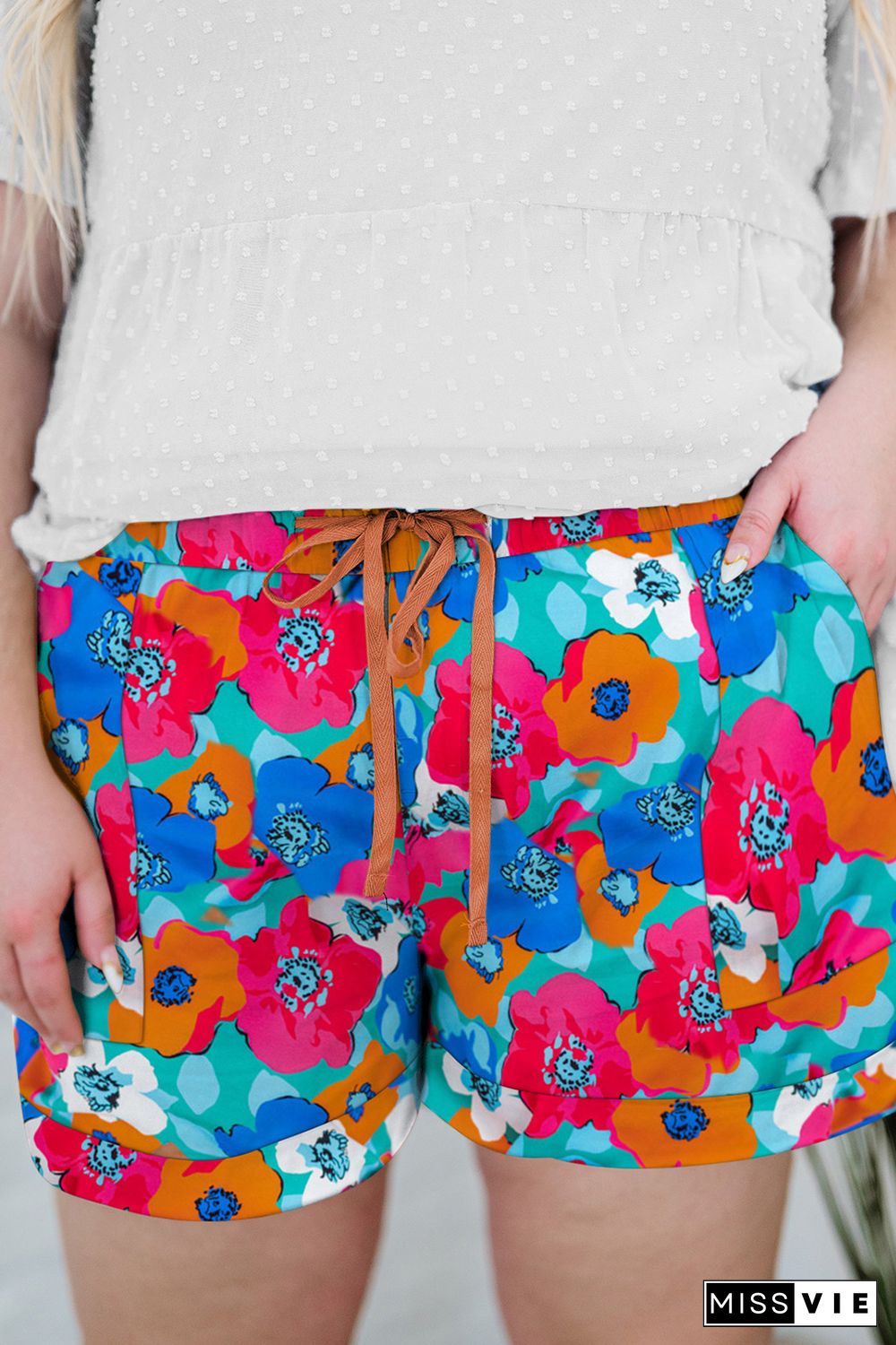 Multicolor Plus Size Abstract Floral Print Drawstring Shorts