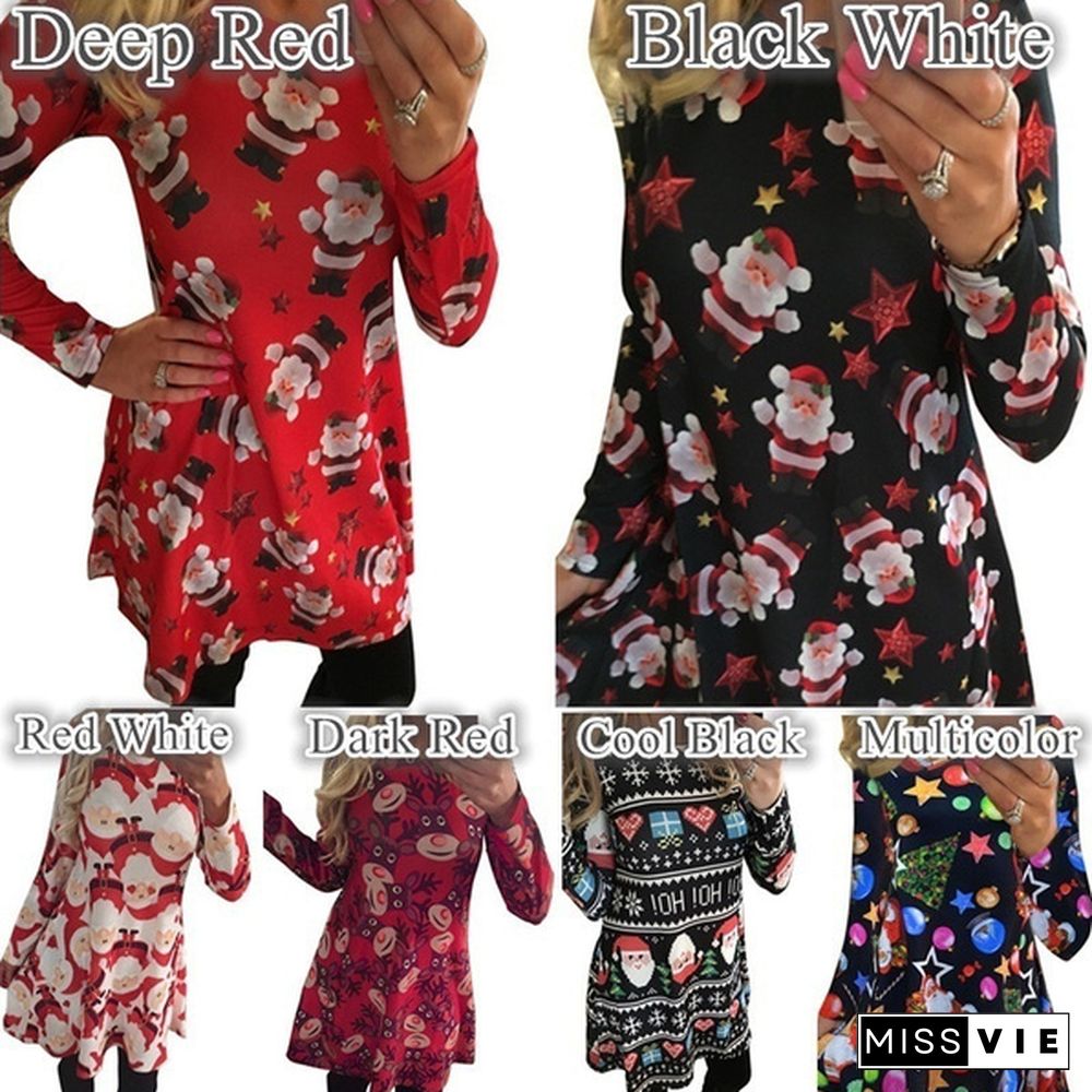 Ladies Casual Long Sleeve Round Neck Christmas Party Dress Women Christmas Tree Elk Snowman Printed A Line Tunic Dress Plus Size 5XL