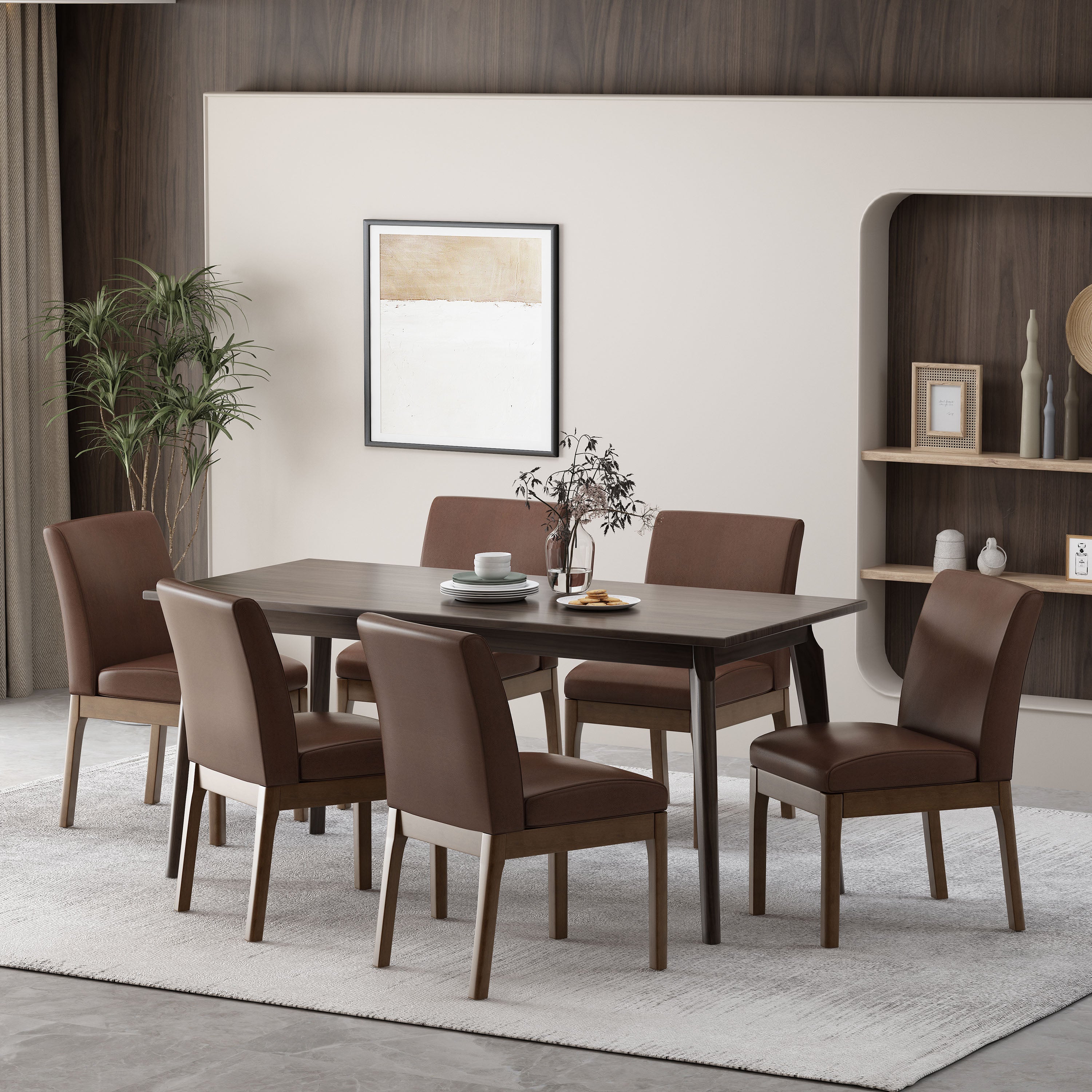 Hampton Mid Century Modern Upholstered Dining Chairs, Set of 6, Dark Brown Faux Leather and Walnut