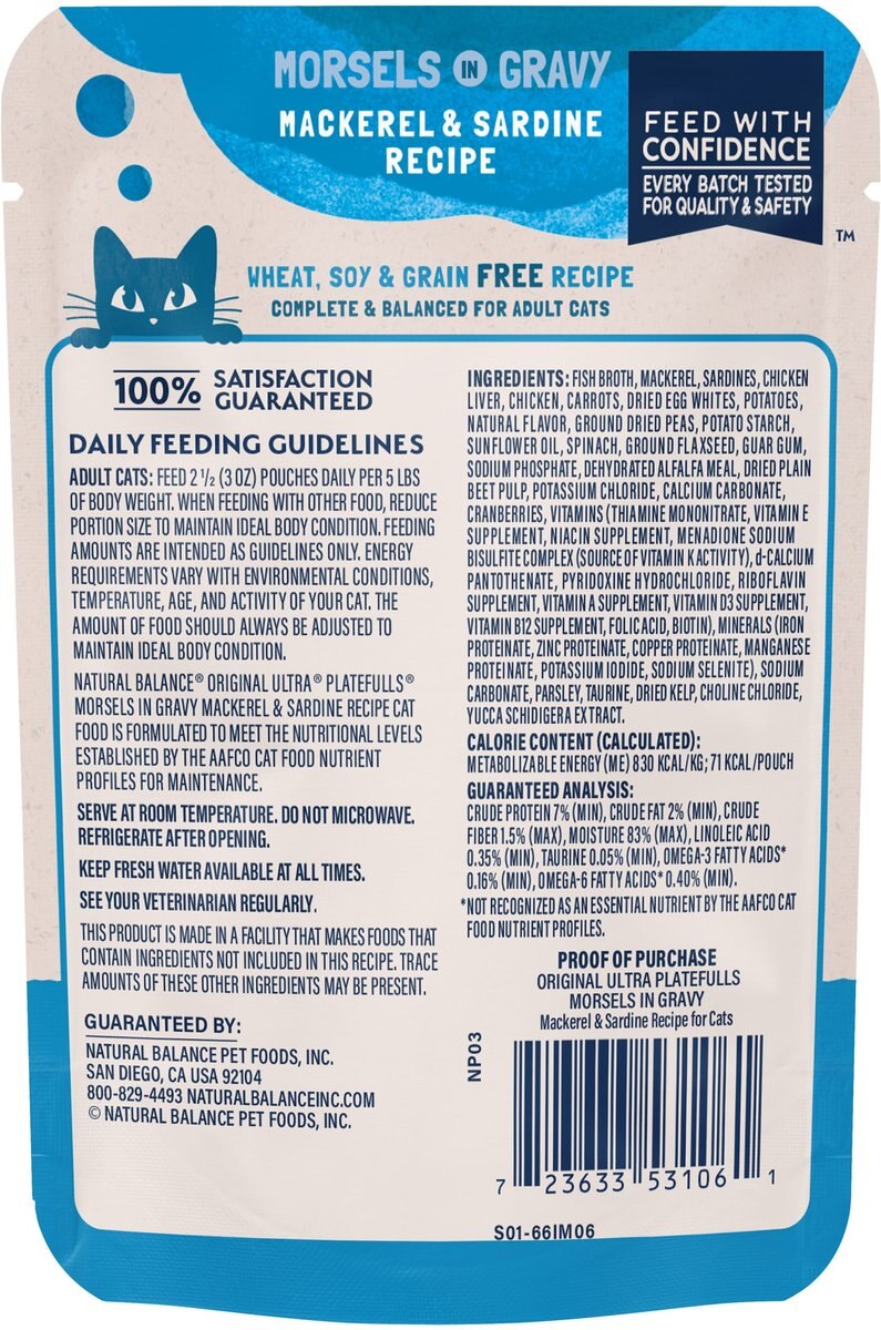 Natural Balance Platefulls Indoor Formula Mackerel and Sardine in Gravy Grain-Free Cat Food Pouches