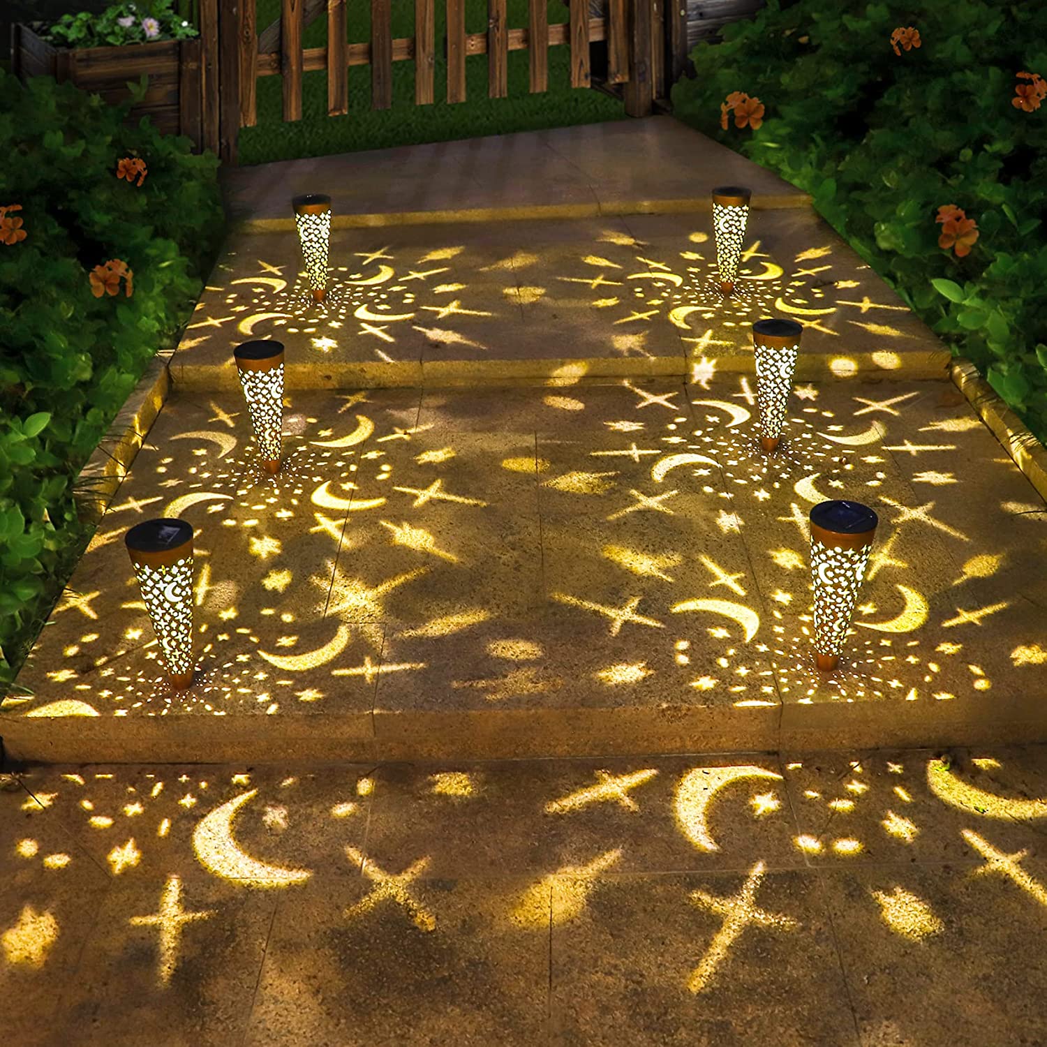 Singingarden Moon Star Garden Solar Lights Outdoor Decor Plastic Waterproof Solar Pathway Lights for Patio，Walkway，Lawn(Bronze， 6Pcs)