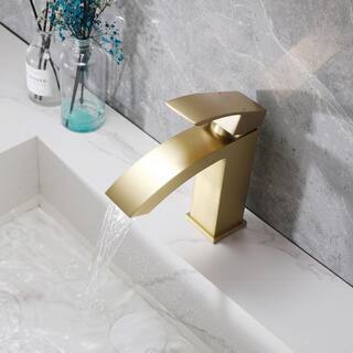 FLG Single-Handle Single-Hole Waterfall Bathroom Sink Faucet Brass Vanity Taps with Deckplate Included in Brushed Gold KK-0057-BG