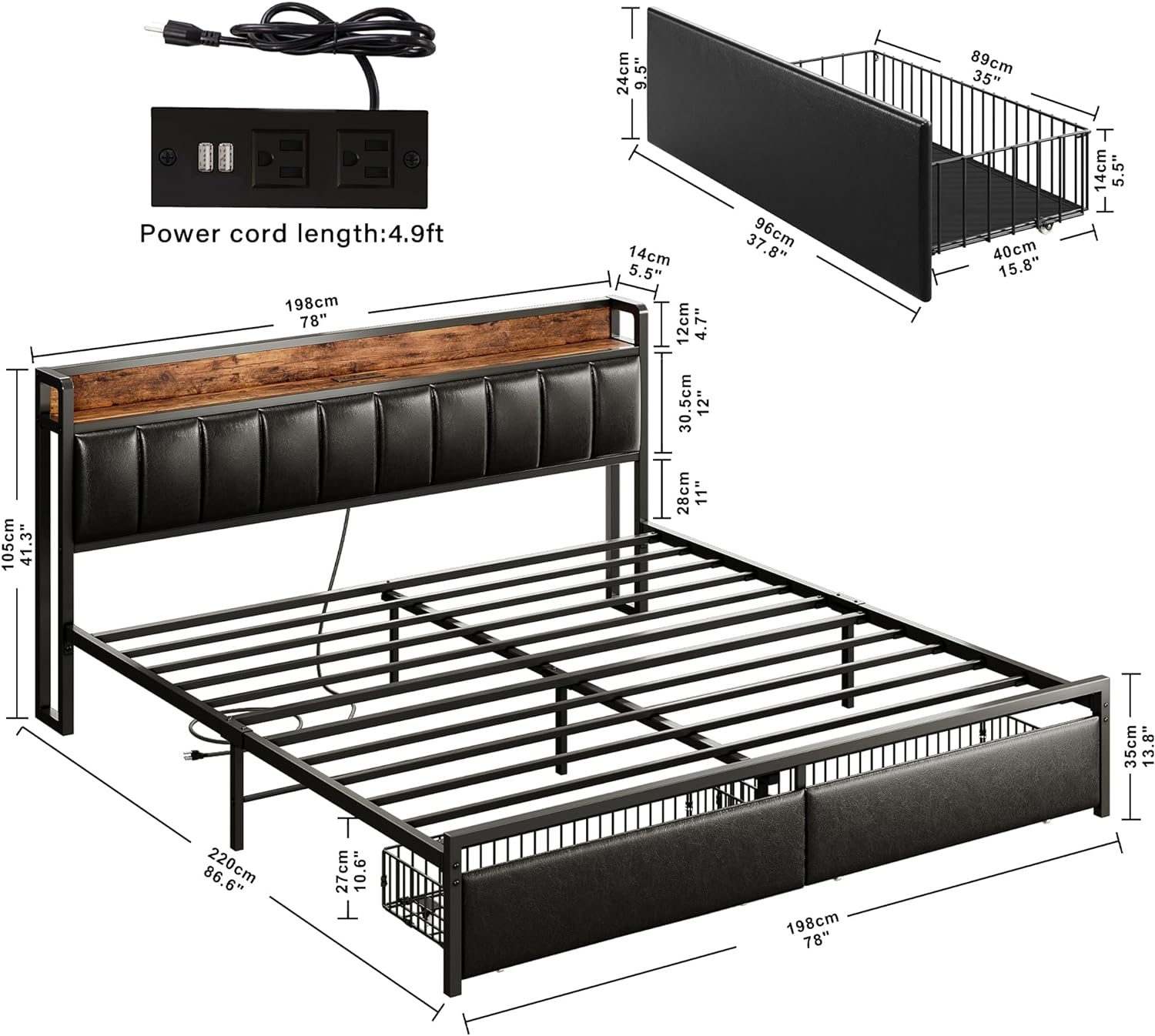 Platform Bed Frame with Storage Headboard, Charging Station, Drawers