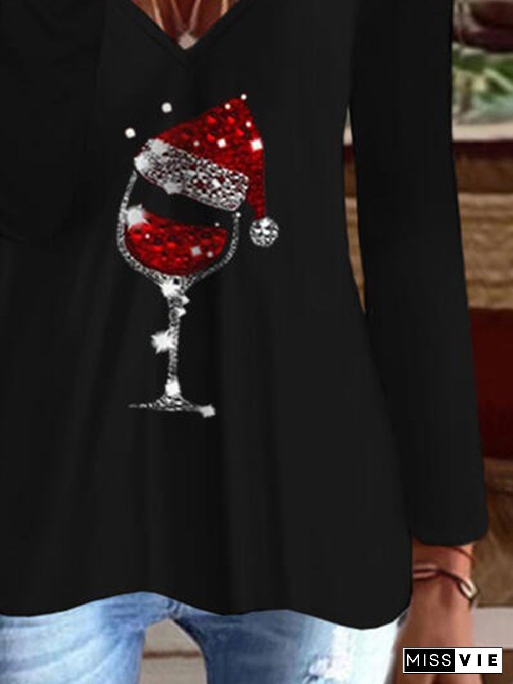 Wine Glass Pattern Long Sleeves V Neck Plus Size Casual Tops