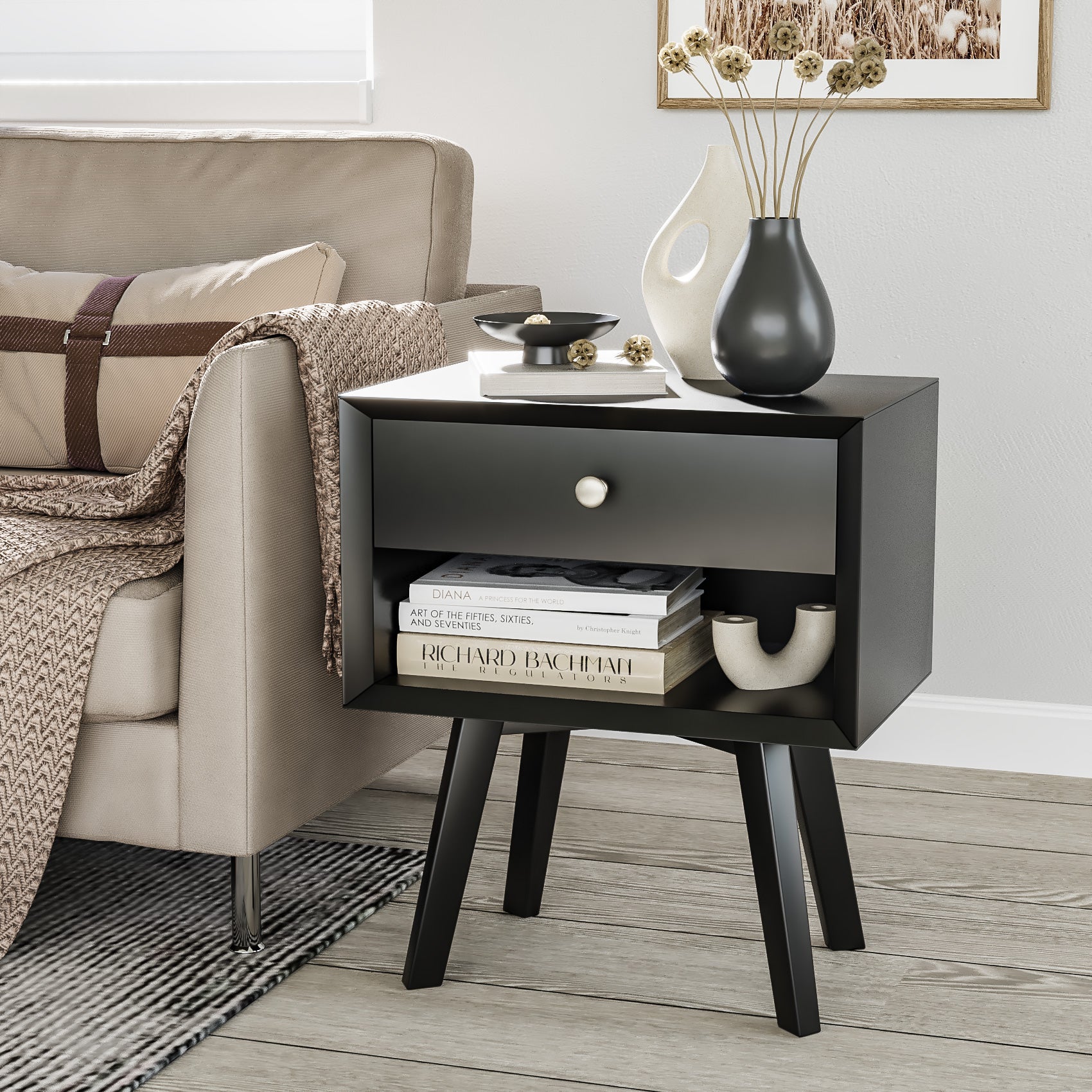 Semiocthome Black Matte Vintage Diana 1 Drawer Nightstand 23