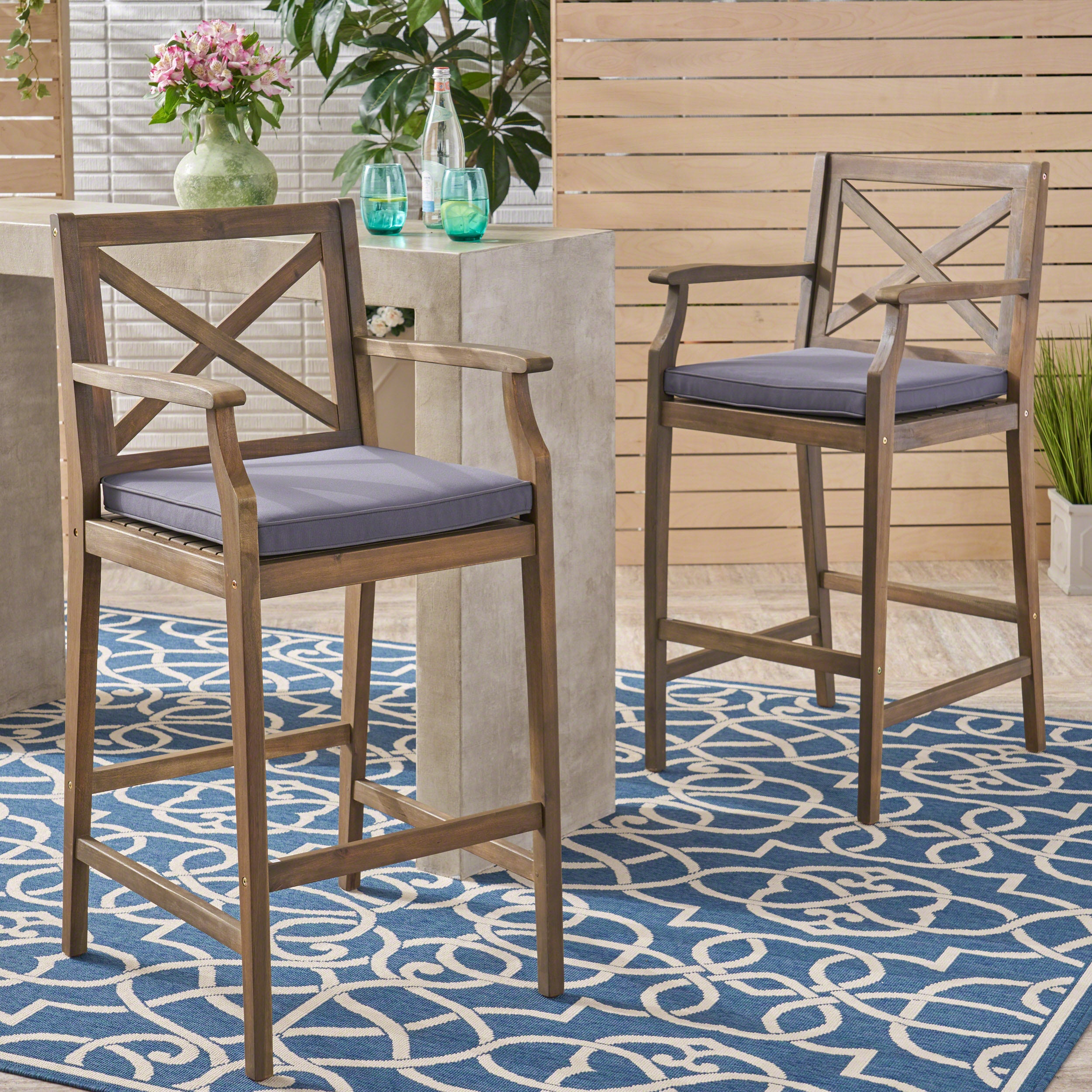 Logan Outdoor Acacia Wood Barstool (set of 2)