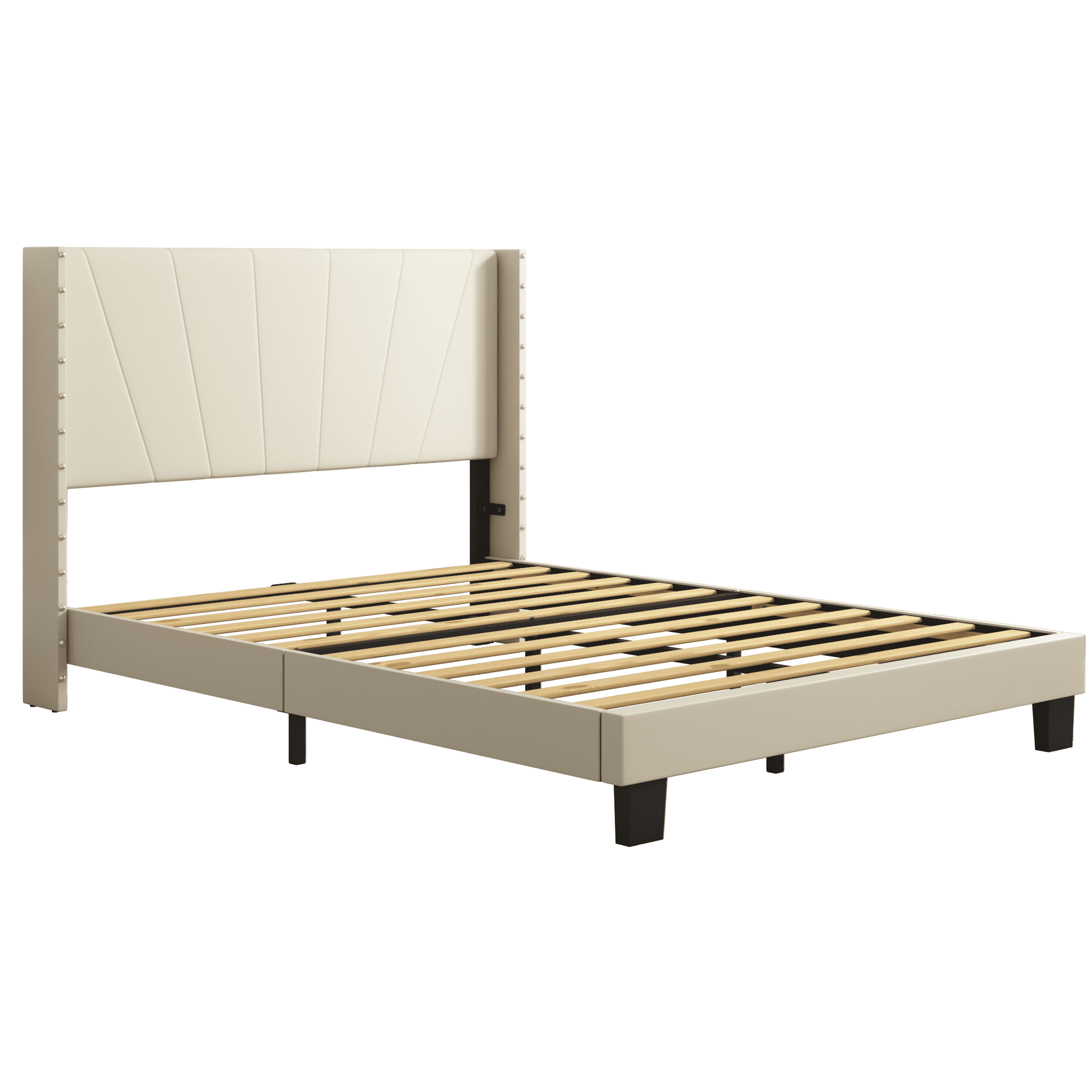 BTMWAY Full Bed Frame, Full Size Velvet Upholstered Platform Bed with Headboard, Solid Wood Frame, Modern Full Platform Bed Frame Bedroom Furniture, Holds 550lbs, No Box Spring Needed, Beige