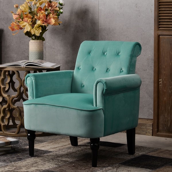 Elegant Button Tufted Accent Chair with Roll Arms and Wooden Legs Velvet Upholstered Arm Club Leisure Chair for Living Room