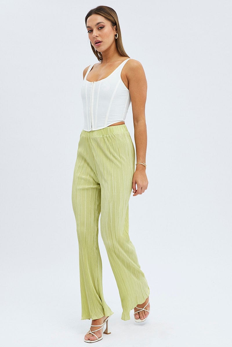 Green Plisse Pants Wide Leg High Rise