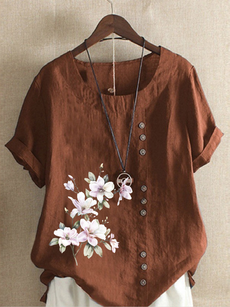 Round Neck Casual Loose Floral Print Short Sleeve Blouse