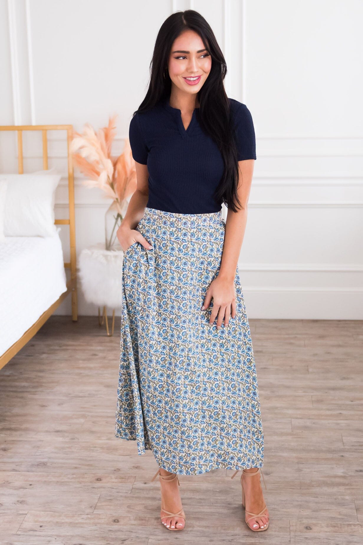 True Blue Blossom Modest Pocket Skirt