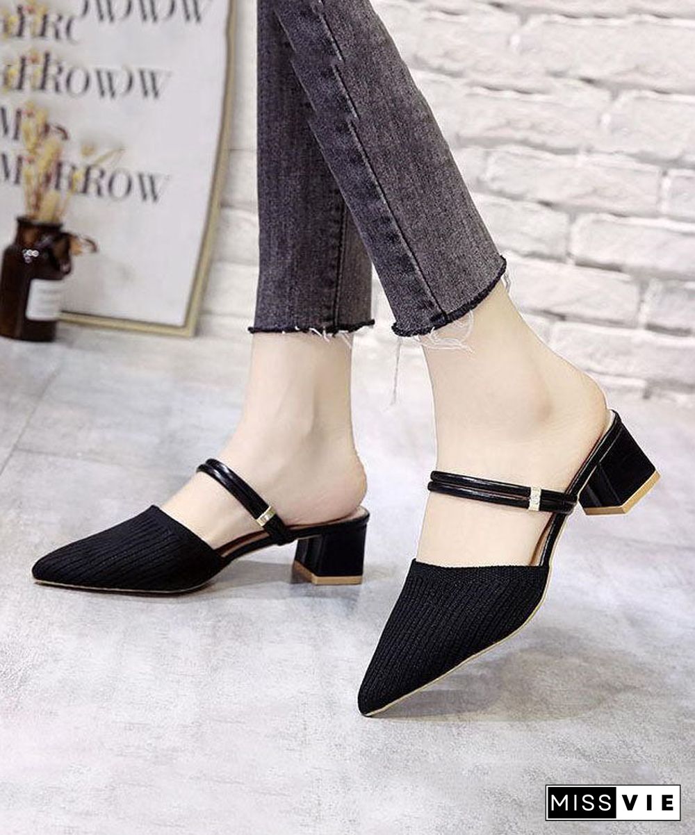 Chic Pointed Toe Splicing Chunky Slide Sandals Black Knit Fabric