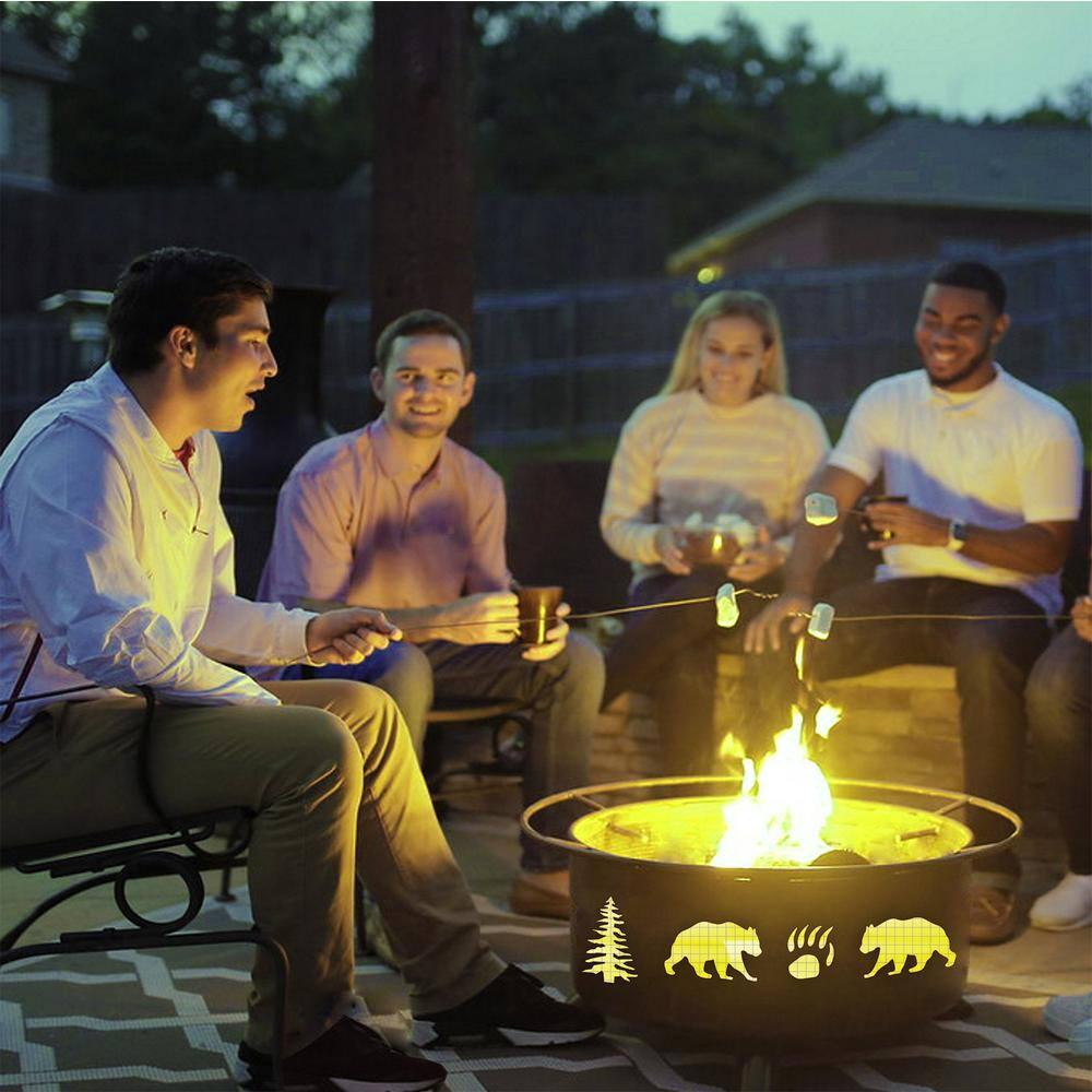 Bear and Trees 29 in x 18 in Round Steel Wood Burning Fire Pit in Rust with Grill Poker Spark Screen and Cover