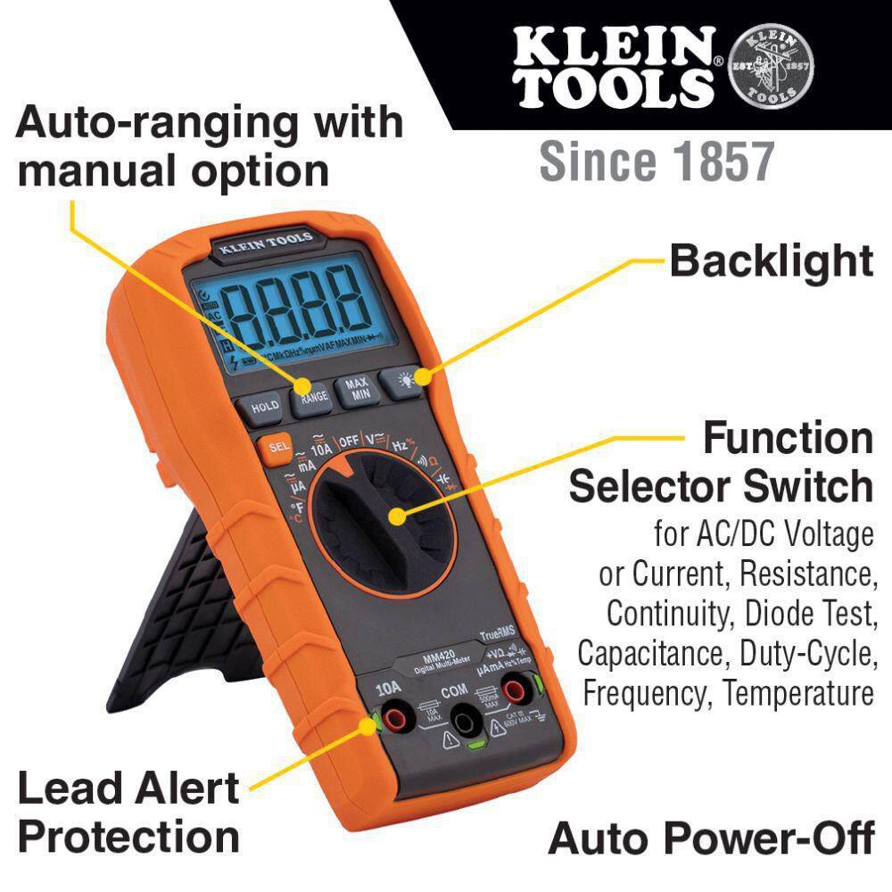 Klein Tools 600-Volt Digital Multi-Meter TRMS Auto-Ranging Temp MM420