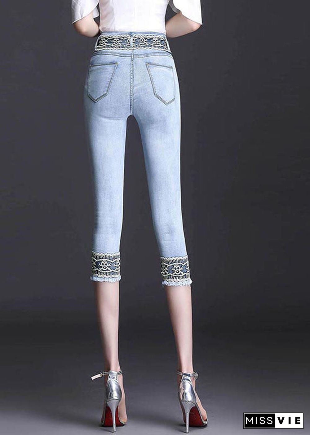 Boutique Light Blue High Waist Zip Up Lace Patchwork Slim Cotton Denim Crop Pants Summer