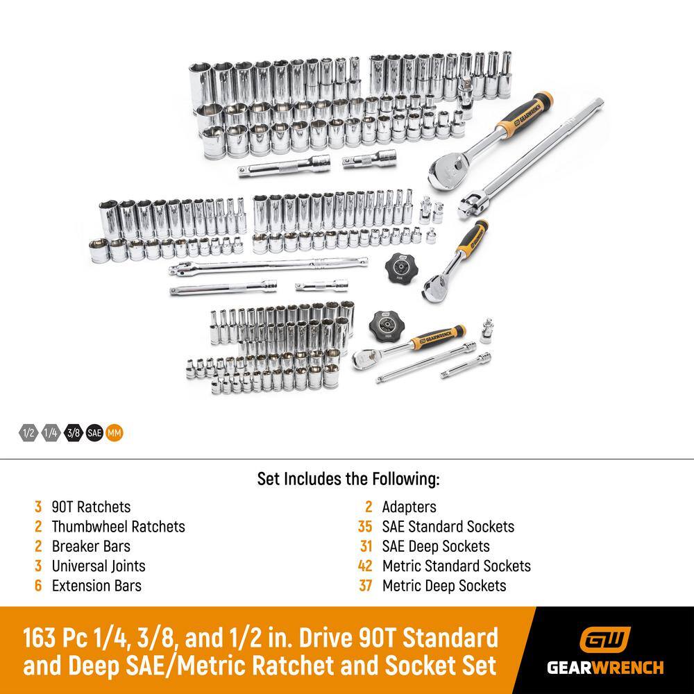 GEARWRENCH 14 in. 38 in. and 12 in. Drive 90-Tooth Standard and Deep SAEMM Ratchet and Socket Set (163-Piece) 8586789CB