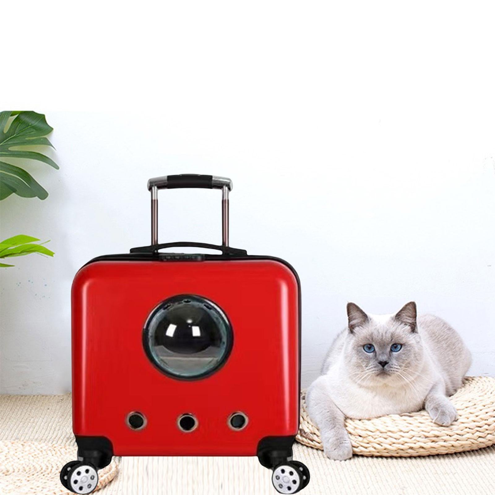 Cat Trolley Case Backpack with Wheel Transparent Space Package Tote Pet Carrier Cage Carrying Bag for Small Animals Puppy Kennel Rabbit red