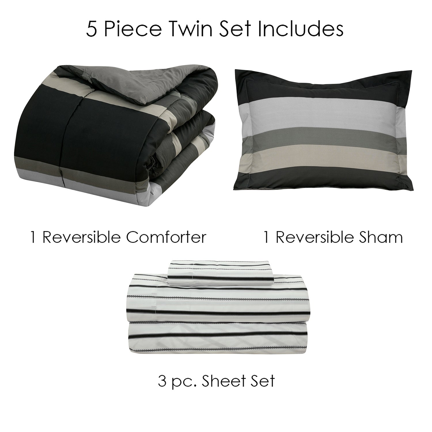 Brooklyn Flat Stripes 5 Piece Comforter Sets， Twin-XL