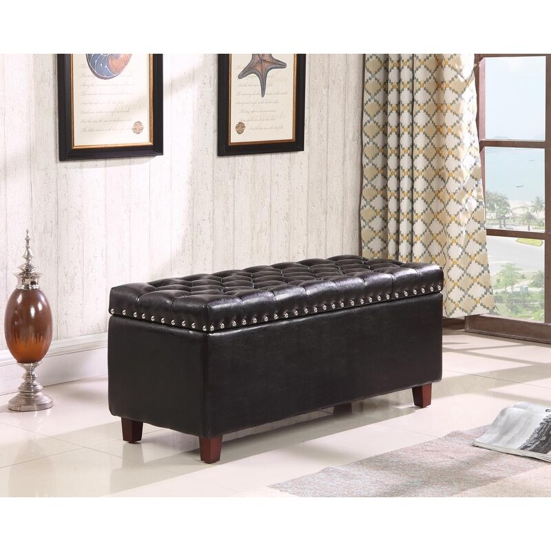 Black Bonded Leather Storage Ottoman Bench