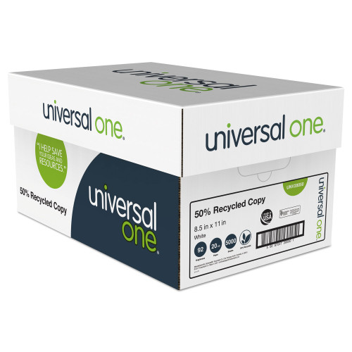 Universal 50% Recycled Copy Paper， 92 Bright， 20lb， 8.5 x 11， White， 500 Sheets/Ream， 10 Reams/Carton (20050)