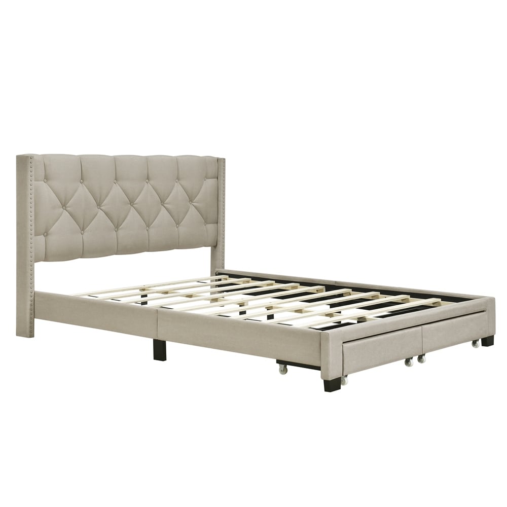 Queen Size Storage Bed Linen Upholstered Platform Bed with Two Drawers