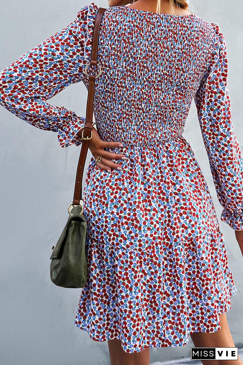 Smocked Puffy Long Sleeves Floral Dress