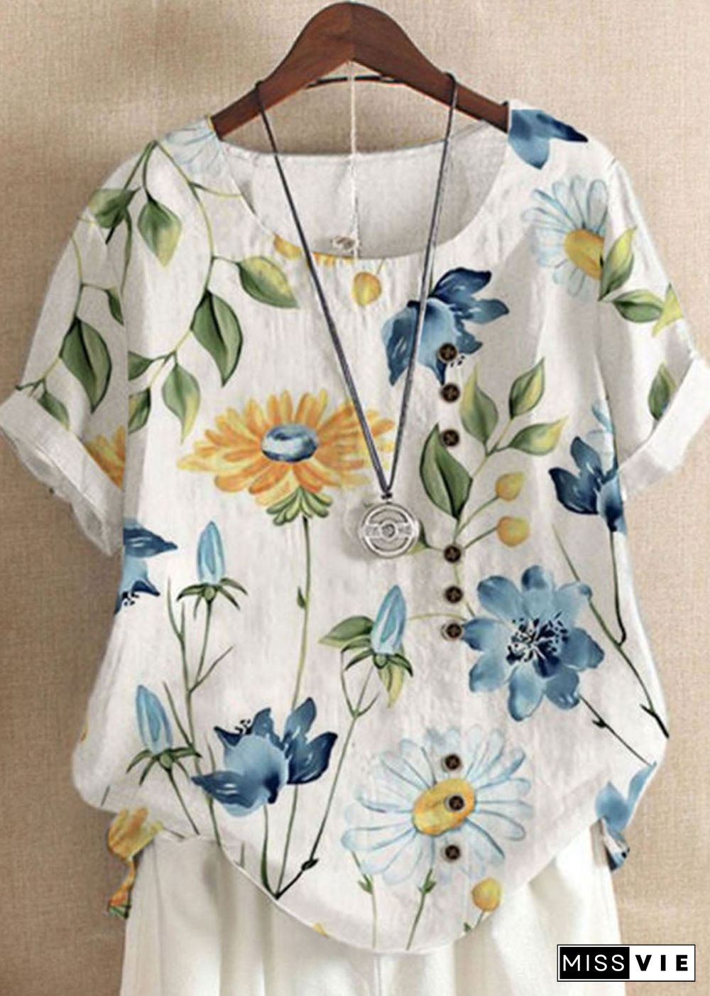 Art Yellow Print O Neck Patchwork Linen T Shirts Top Summer