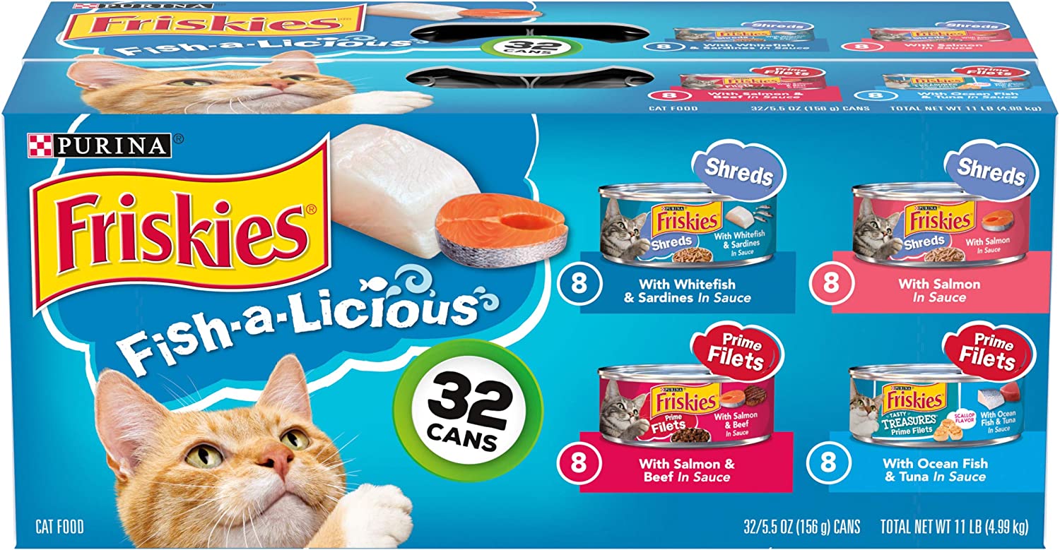 Purina Friskies Wet Cat Food Variety Pack Fish-A-Licious Shreds Prime Filets and Tasty Treasures - (32) 5.5 oz. Cans