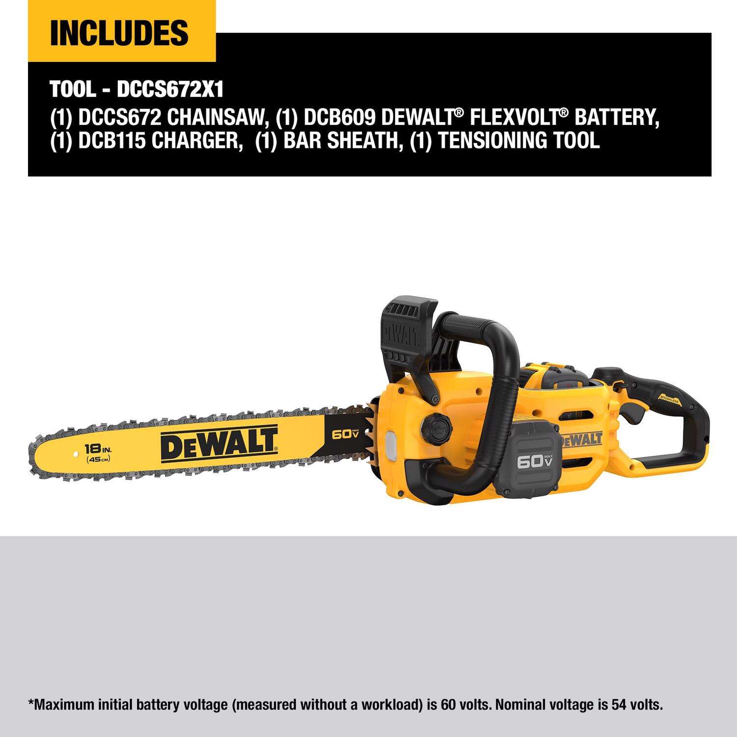 DW Flexvolt 18 in. 40.9 cc 60 V Battery Chainsaw Kit (Battery and Charger)