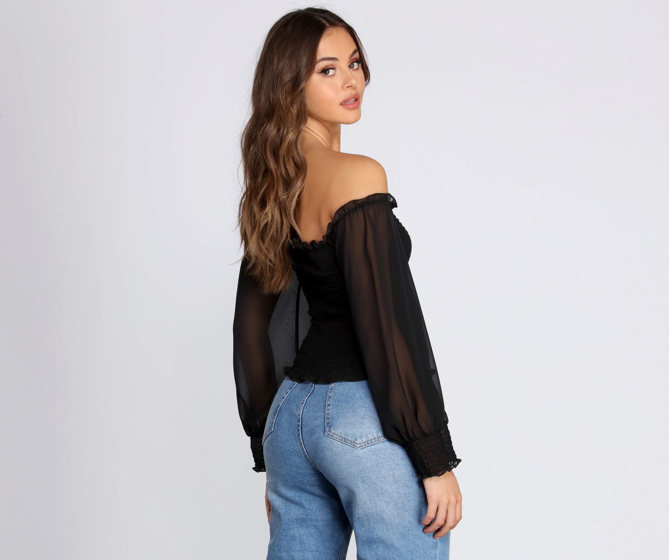 Chiffon Smocked Off The Shoulder Top