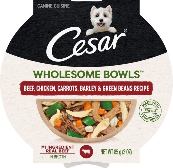 Cesar Wholesome Bowls Beef， Chicken， Carrots， Barley and Green Beans Recipe Adult Soft Wet Dog Food， 3-oz Bowl， Case of 10