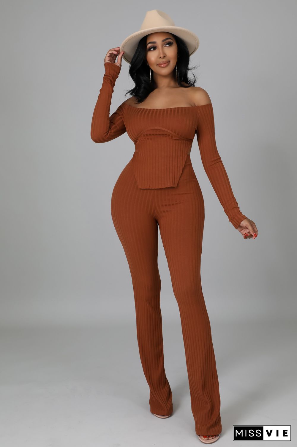 Off Shoulder Long Sleeve Top Flared Pants Set