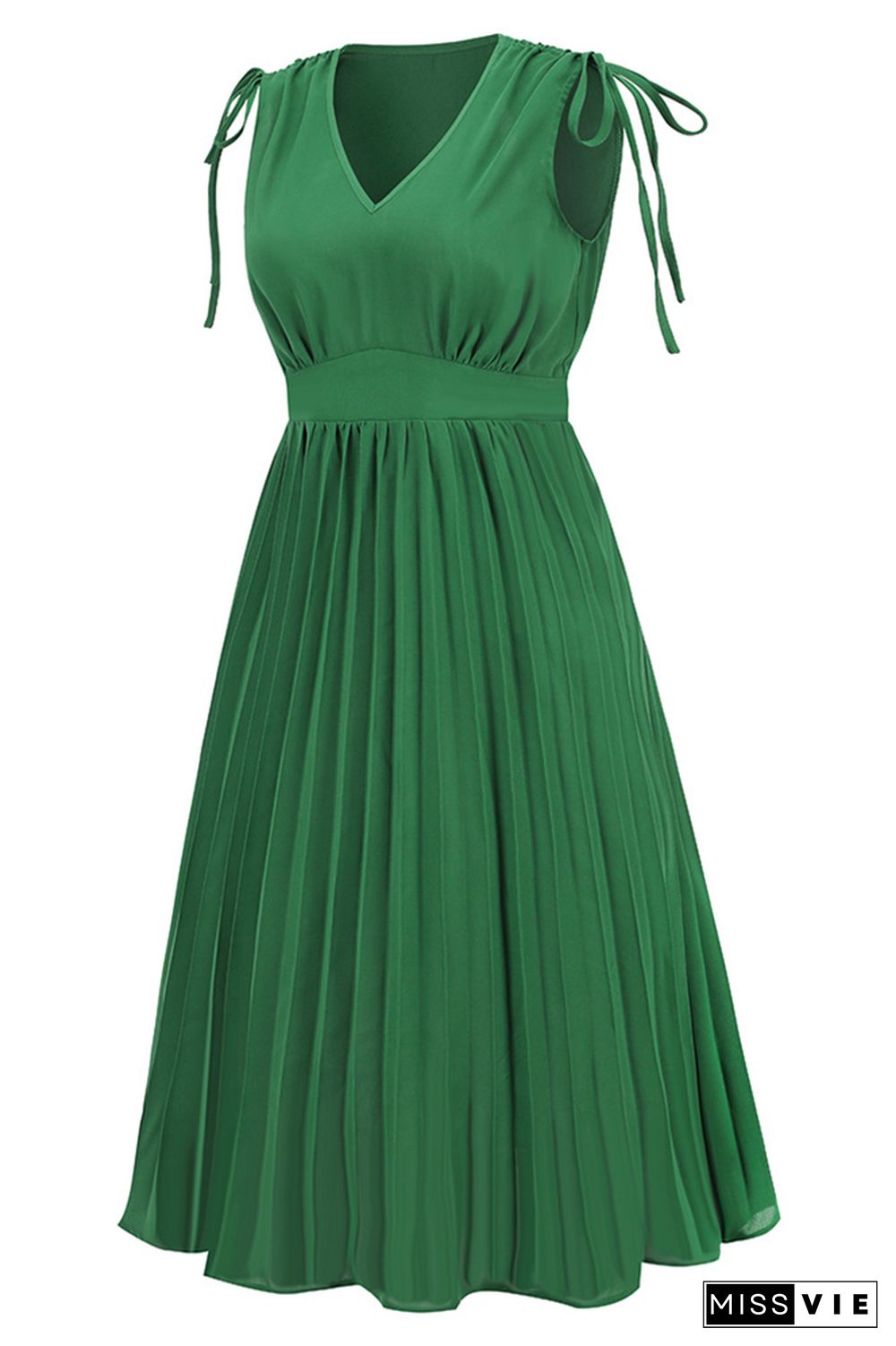 V Neck High Waist Ruched Neck Pleated Midi Dress