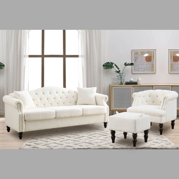 3+1 Combination of Chesterfield 3 Seater Sofa and Chair Modern White Teddy Upholstered Padded Seat with Two Pillows and Nailhead