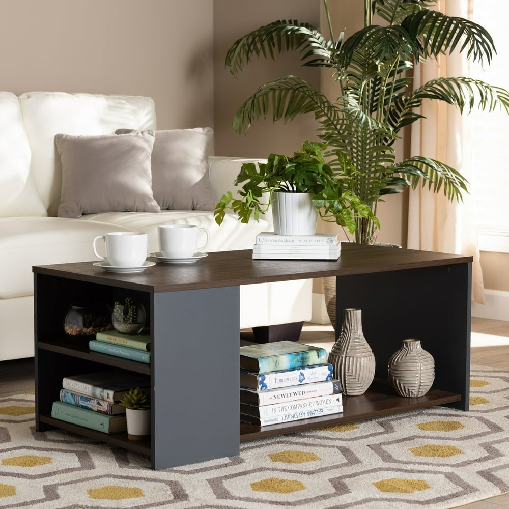 Modern MDF Coffee Table with Storage， Walnut Brown/Gray