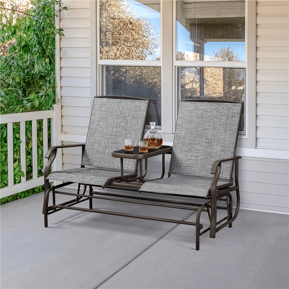 Topeakmart 2-Seater Outdoor Glider Bench with Tempered Glass Tabletop Texteline Fabric and Steel Construction, Gray