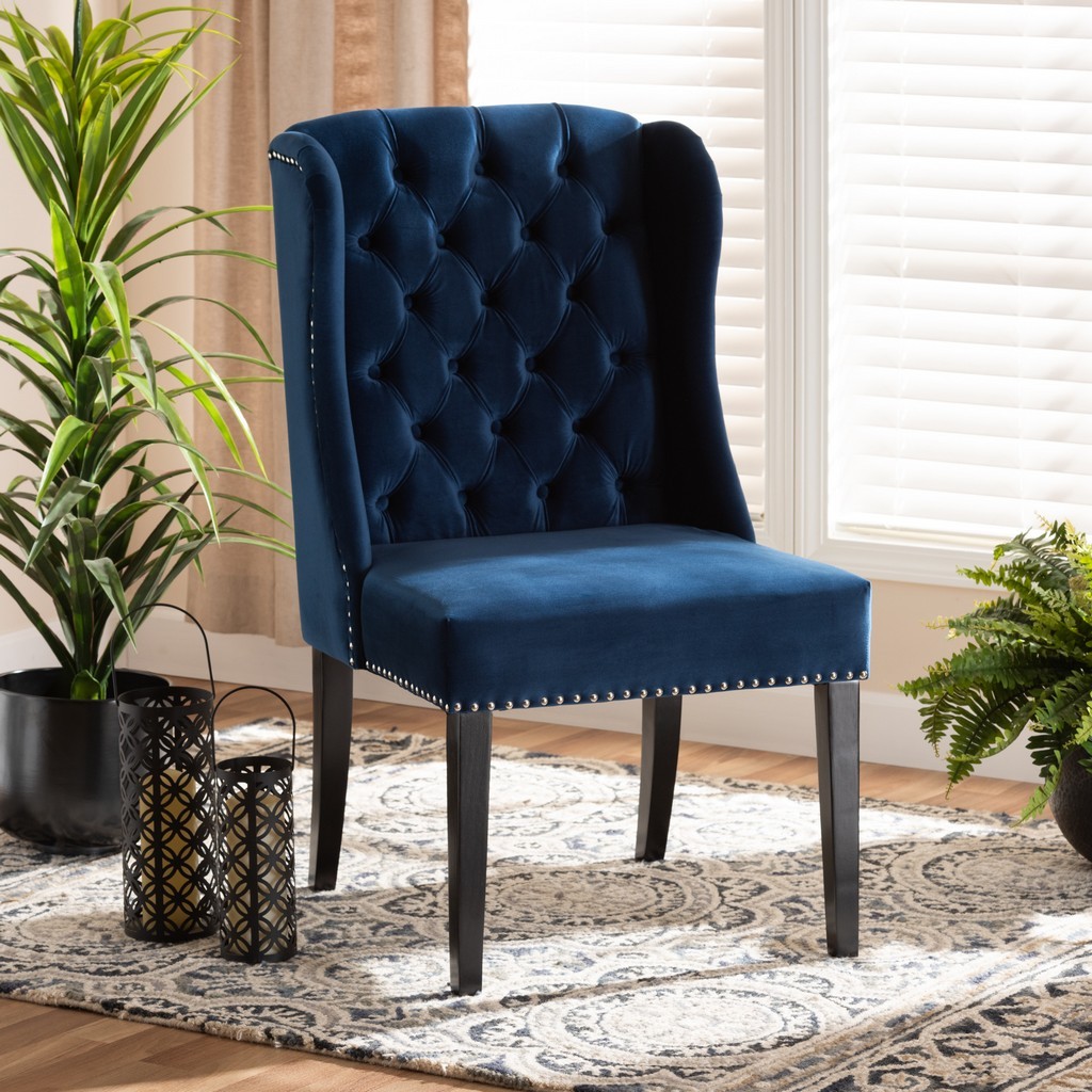 Wholesale Interiors Baxton Studio Lamont Modern Contemporary Transitional Navy Blue Velvet Fabric Upholstered and Dark Brown Finished Wood Wingback Dining Chair - Wholesale Interiors WS-W158-Navy Blue Velvet/Espresso-DC