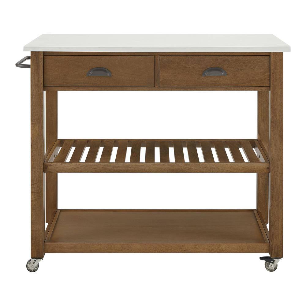 Home Decorators Collection Alstead Wooden Farmhouse Rolling Kitchen Cart with White Marble Top and Double-Drawer Storage (44in. W) BT0339V