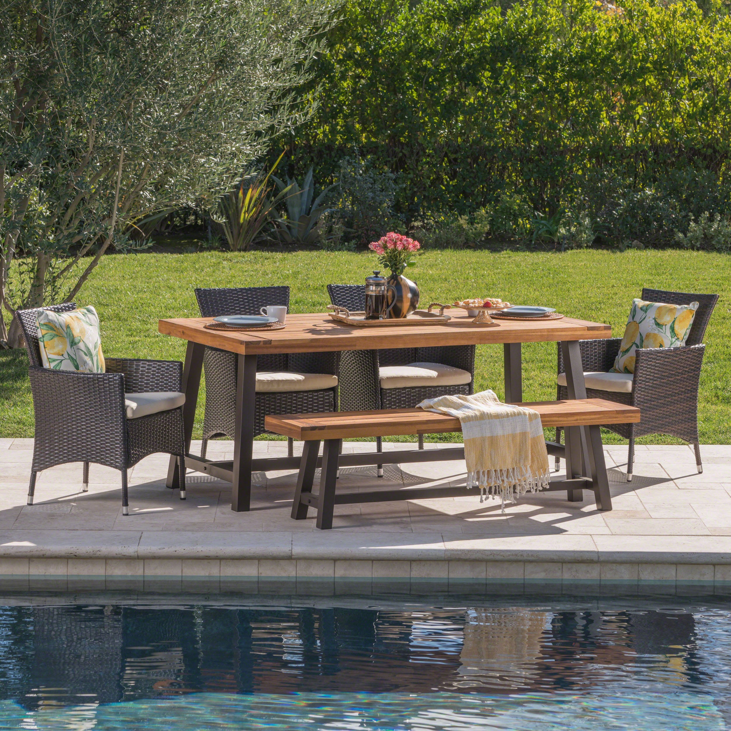 Linda Outdoor 6 Piece Iron and Sandblast Finished Acacia Wood Dining Set