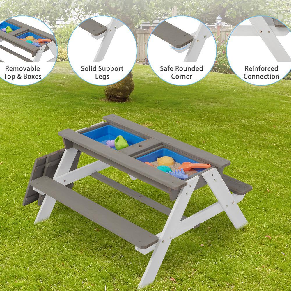 Siavonce Gray Solid Wood 3-In-1 Kids Outdoor Picnic Tables with Umbrella Convertible Sand and Water DJ-ZX-D46981251