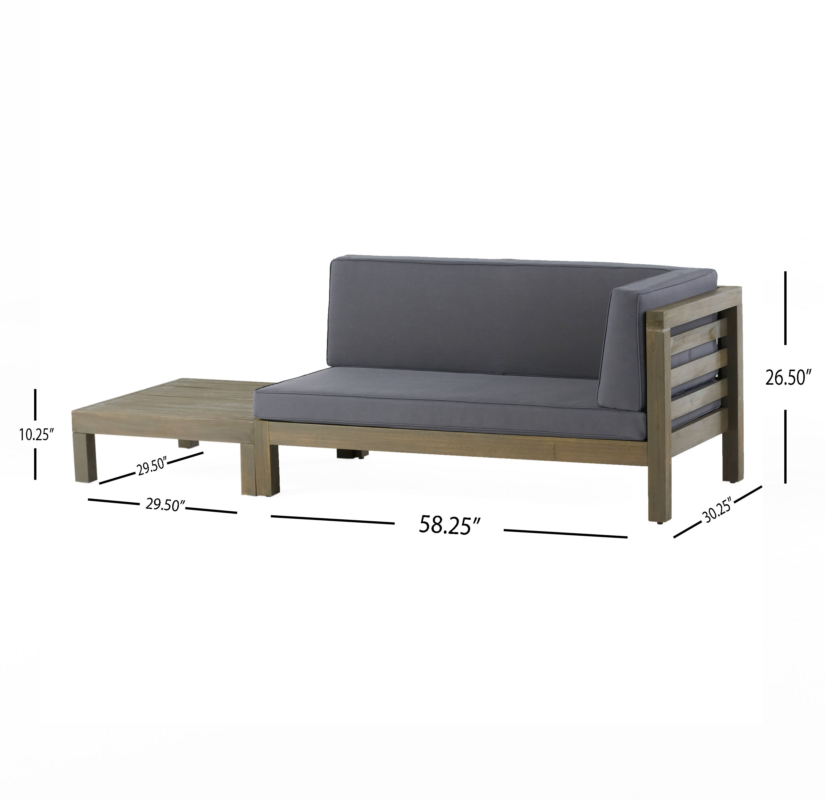 Cascada Outdoor Acacia Wood Right Arm Loveseat and Coffee Table Set with Cushion