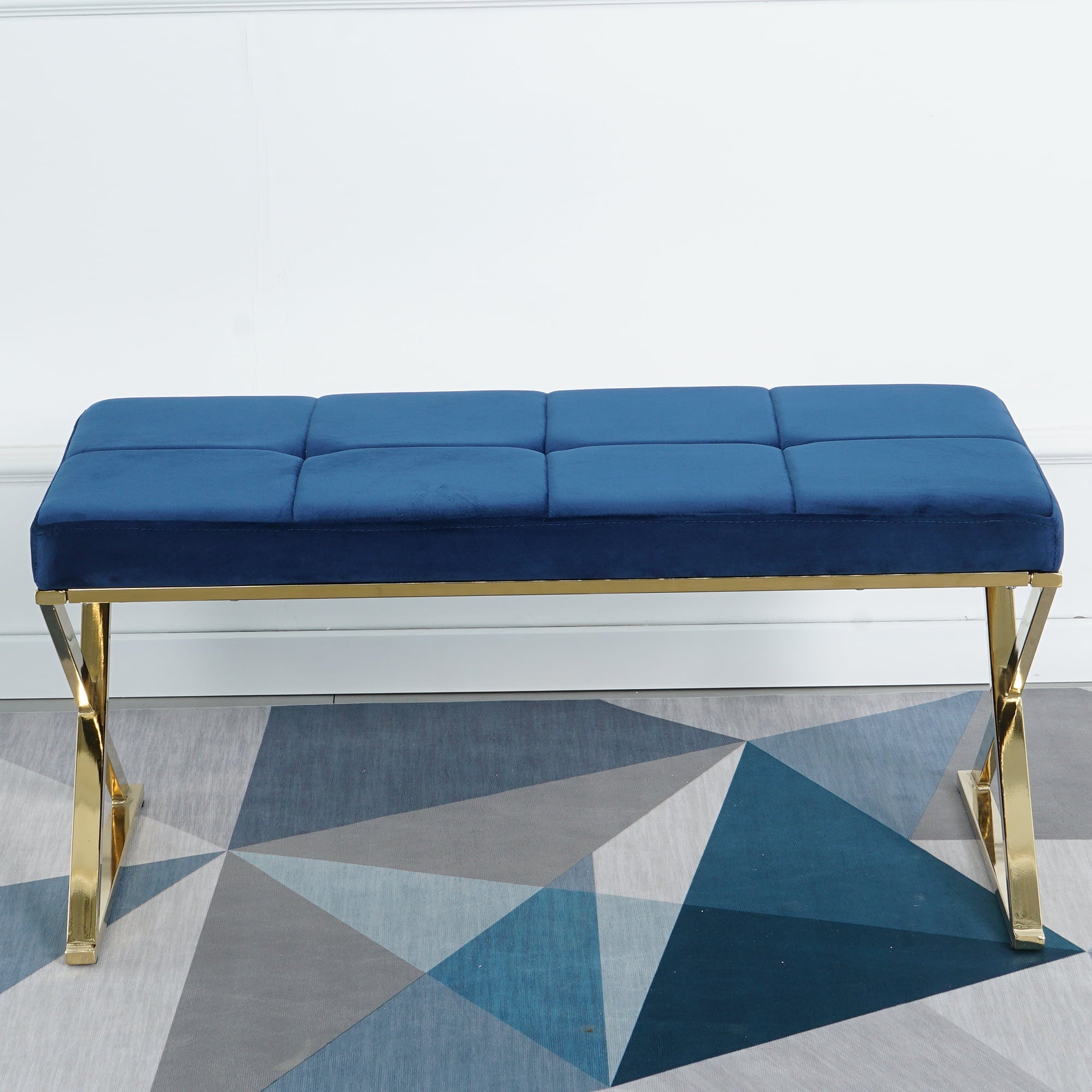 Mid-Century Modern Ottoman Bench with Padded Seat and Gold Metal Legs, Upholstered Entryway Bench Shoe Bench, Velvet Fabric End of Bed Bench for Bedroom Living Room Hallway More, Blue