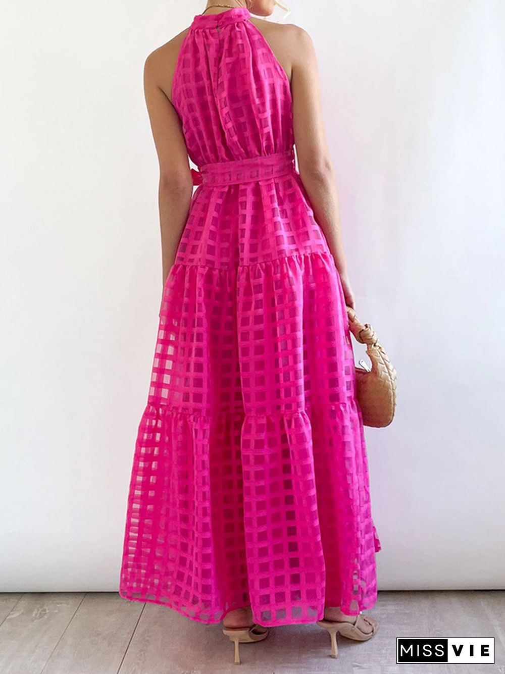 Loose Sleeveless Plaid Ribbed Stand Collar Maxi Dresses