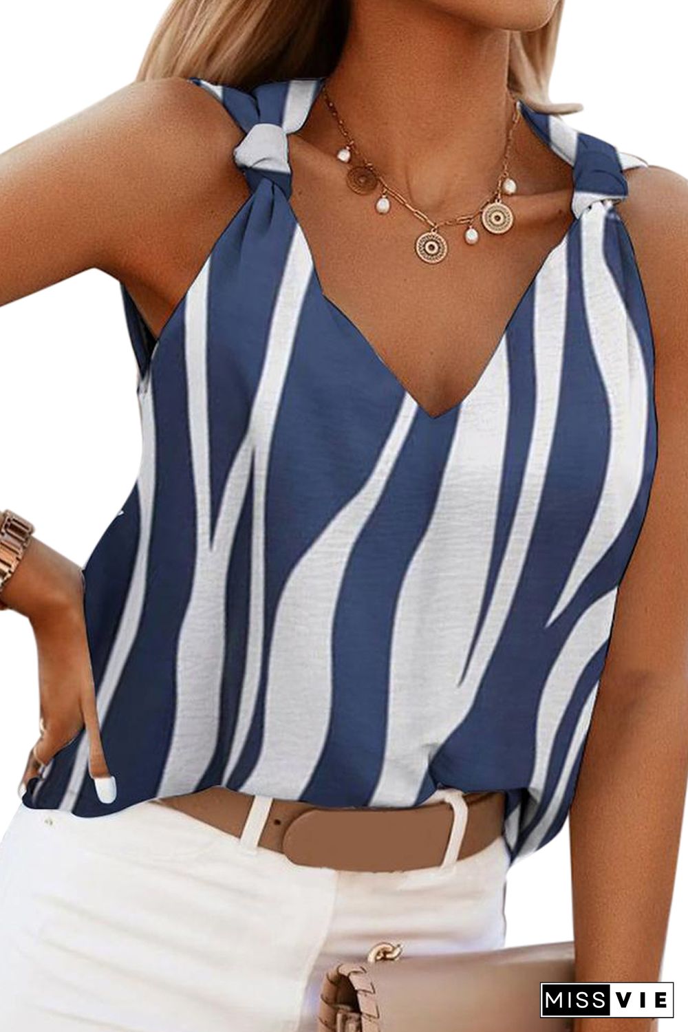 Blue Abstract Striped V Neck Knotted Straps Tank Top